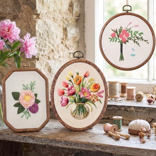 Hotop 171 Pcs Embroidery Kit for Beginners Adults, Starter Kit with 9 Wood Grain Embroidery Hoops in 4 Shapes, 100 Color Threads, 12 Color Fabric, Wood Storage Box, Needles, Scissors and Tools