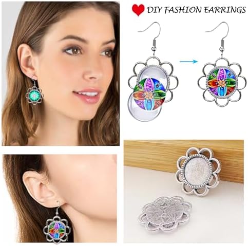Pendant Trays Set with Glass Cabochon for Jewelry Making Supplies, Floral
