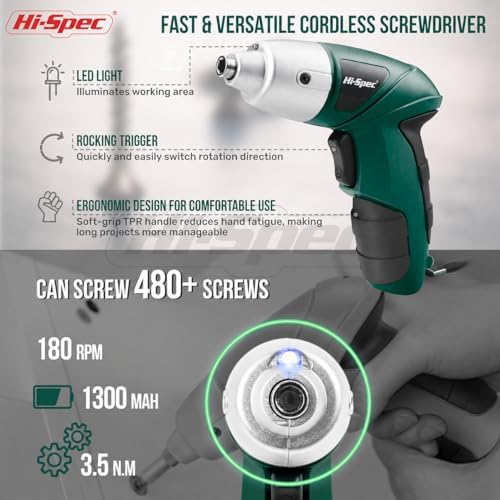 Hi-Spec 3.6V USB Electric Screwdriver for Home Repairs and Assembly, Green | 19pc, fast assembly help, common screw bit selection, LED visibility, compact grip, quick household fixes, organized storage