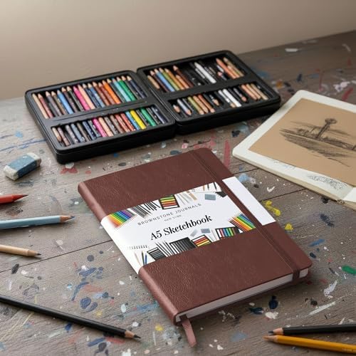 BROWNSTONE JOURNALS A5 Sketch Book Hardcover - 80 Sheets 100 GSM Paper | 5" x 8", Lay Flat, Vegan Leather Cover, Elastic Band, Back Pocket, Compact Art Drawing Book for Adults & Students