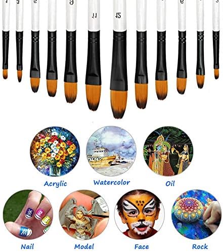 Watercolor Paint Brush Set, 12pcs Filbert Tip Nylon Hair Artist Paintbrushes for Acrylic Watercolor Oil Ink Canvas Painting, Face Body Nail Art, Model, Rock, Shoes & Crafts, Professionals Art Supplies