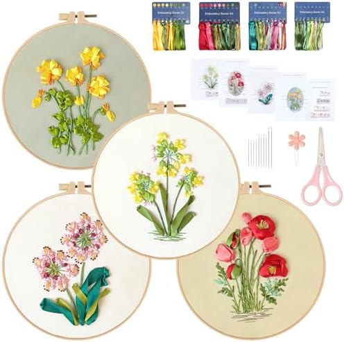 4 Sets Ribbon Flower Embroidery Kit for Beginners, Adults Cross Stitch Kits