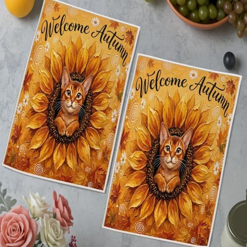 Oil Painting Fall Abyssinian Cat Kitchen Hand Dish Towels Set of 2, Autumn Sunflower Maple Leaf Pattern Quick Dry Dishcloths, Cool Housewarming Gift for Home Cooking Kitchen Bathroom