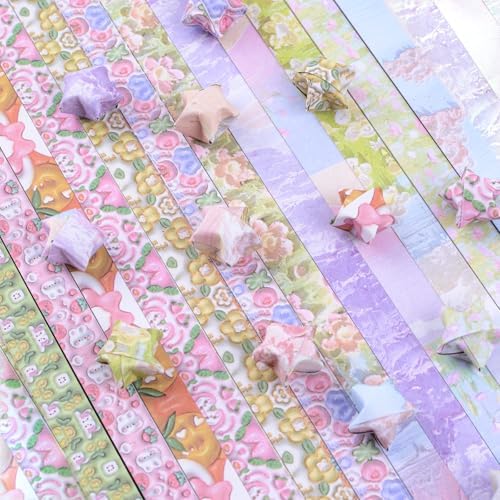 1200Pcs Colorful Origami Star Paper Strips 24 Patterns Double-sided printing Lucky Star Paper Strips for DIY Handcrafts School Teaching