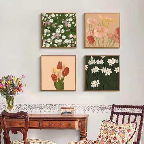 4 Pack Framed Paint by Numbers Kit for Adults Beginner with Wooden Easel, Vintage Flowers Easy Paint by Numbers with Frame, DIY Floral Number Painting for Adults Canvas for Home Decor Gift 10x10 Inch