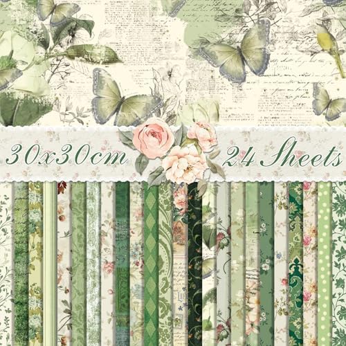 Green Scrapbook Paper Vintage Flower Pattern Papers Pad 12×12,24 Sheets Double-Sided Mother's Day Bobo Floral Scrapbooking CardStock Paper Pad for Holiday Cardmaking DIY Origami Papers.