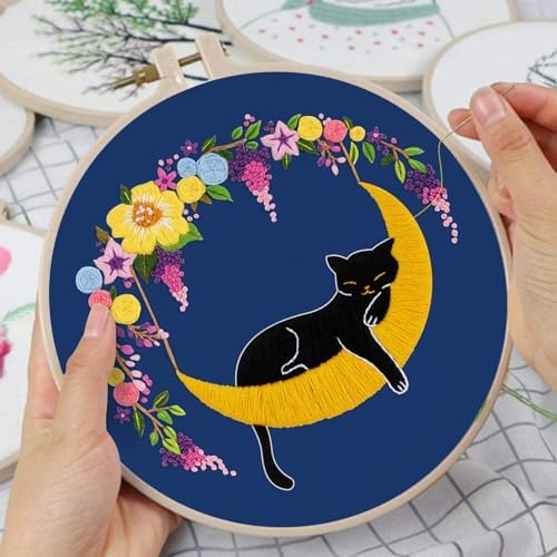 Louise Maelys 3 Set Cat Moon Embroidery Kit for Beginners Craft