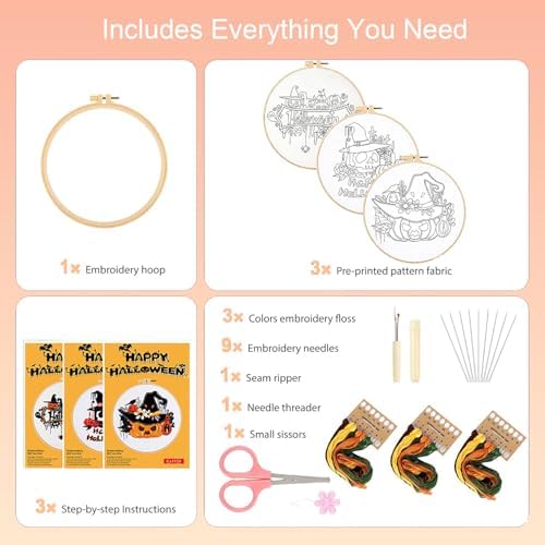 FEIYUENO 3 Pack Halloween Pumpkin Embroidery Kit for Beginner Adults