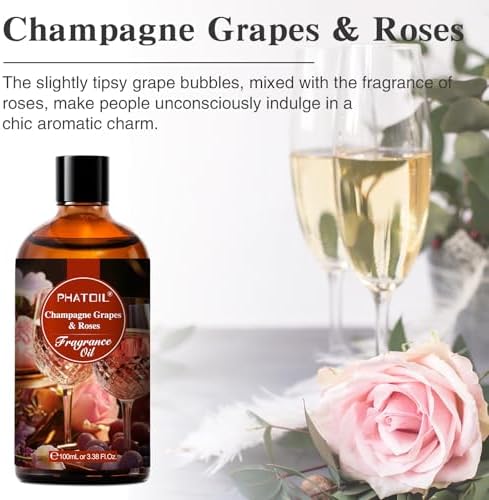 Champagne Grapes Roses Fragrance Oil for Diffuser Aromatherapy 3.38FL.OZ | Long Lasting Scented Oils For Humidifier, Air Freshener, DIY Soap Candle, Scent Project Making, Aroma Oil for Home Freshening