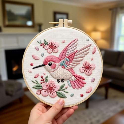 JJFox Embroidery Kit for Beginners and Adults, DIY Hand Embroidery Starter Kit with Cute Pattern, Cross Stitch Needlepoint Set with Hoop, Threads and Instructions (Hummingbird)