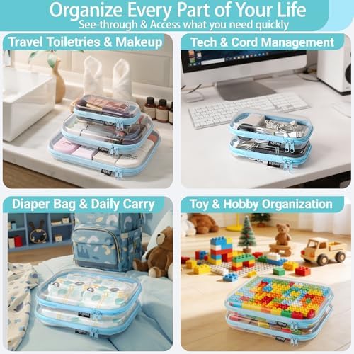 YQBRAO Clear Hard Shell Zipper Cases, 6 Multi-Size Organizers, Blue