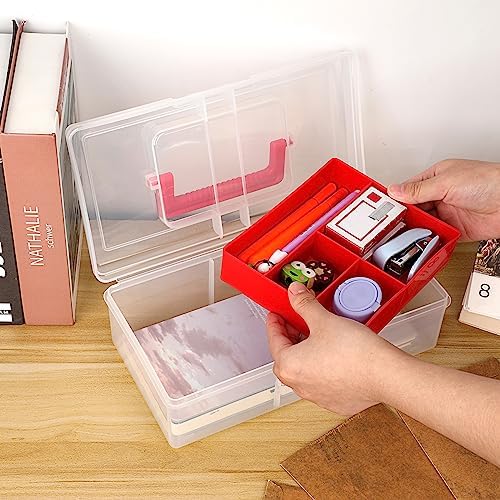 JUXYES Plastic Fishing Tackle Box Organizer with Removable Dividers, Clear Fishing Tackle Storage Boxes with Handle, 2 Layer Fishing Tackle Tray Box Lure Box, Red (Pack of 2)