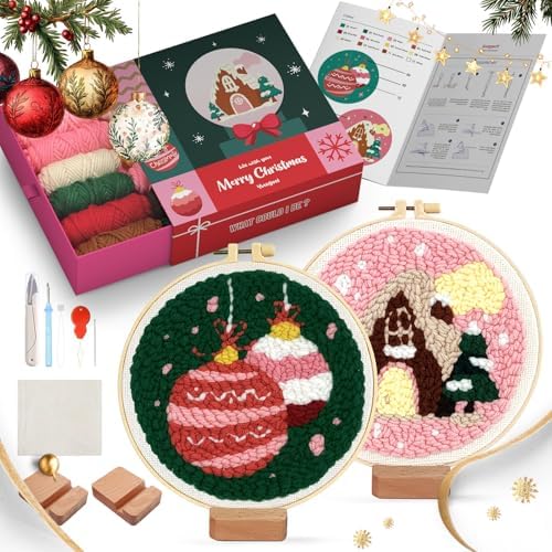 yuegool 2PCS Christmas Punch Needle Decoration Kit,Easy DIY Punch Needle Embroidery Kit for Beginners Adults Kids Including Patterns, Tools, Yarns, Hoop, Instruction, Bracket Art Craft Supplies