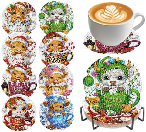 Christmas Cow Diamond Art Coasters Kit, 8 Pieces Diamond Painting Coasters