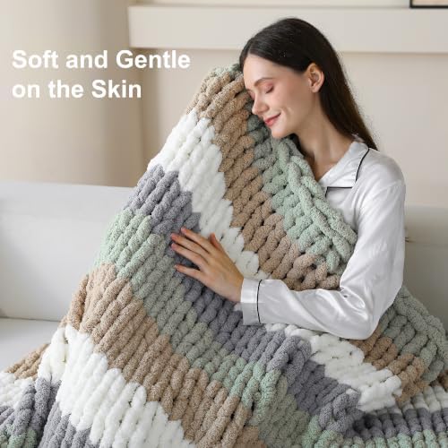 Chunky Yarn for Hand Knitting, #10 Chunky Blanket Chenille Yarn, Bulky Thick Jumbo Yarn, Super Chunky Knit Yarn for Crocheting, 8 Skein (8 oz 22 yds Each Skein), Cream&Sage&Khaki&Light Grey