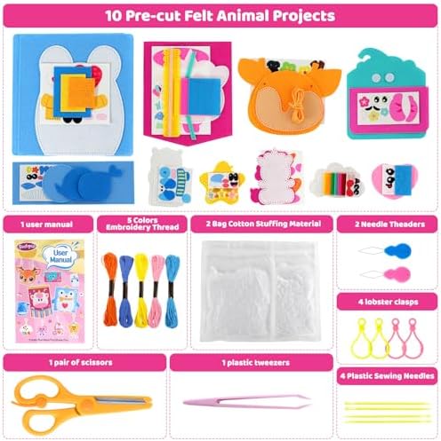 Felt Sewing Crafts for Kids Ages 4-12, 10 DIY Projects Kids Sewing Kit