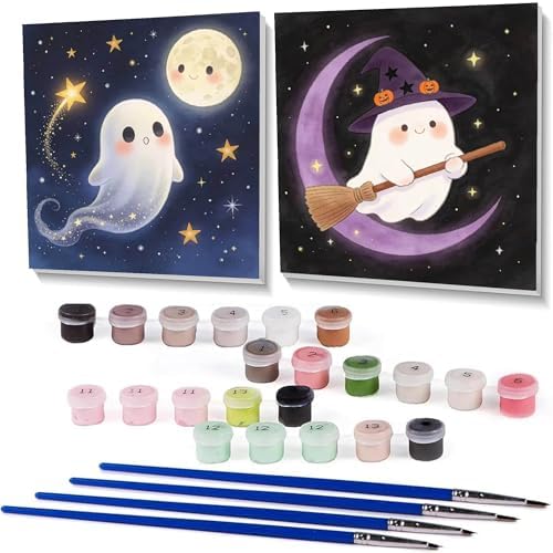 pchmcu 2 Pcs Halloween Paint by Numbers Kits for Kids Framed - DIY Ghosts Adults' Paint-by-Number Kits on Canvas,Small Easy Acrylic Oil Painting for Home Wall Decor 8x8 inchs