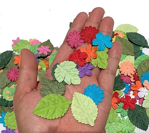 200 Pcs Handmade Mixed Mulberry Paper Flowers Petals and Leaves Scrapbooking Wedding DIY Craft Supplies Card (10 Colors Flowers/Green Tone Leaves)