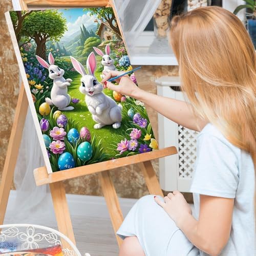Bowetile Framed Paint by Numbers Easter Kit for Adults, Adults' Paint-by-Number Bunny Kits on Canvas, Painting by Numbers Rabbit, DIY Acrylic Number Painting for Home Wall Decor, 8x12in