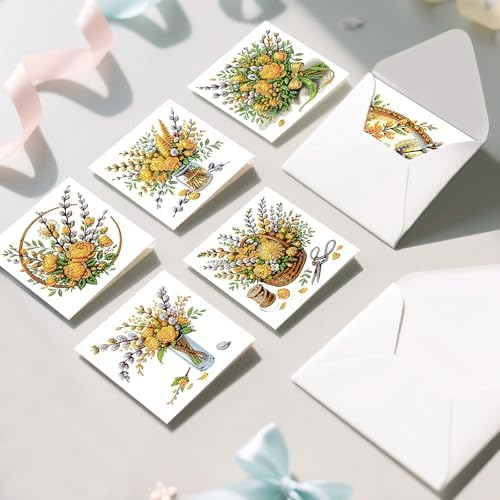 6pcs 5D DIY Diamond Painting Kit Greeting Card, Yellow Flower Diamond Handmade Greeting Card with Envelope, Holiday Gift Congratulations