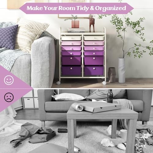 LDAILY 12 Drawer Rolling Storage Cart, Craft Cart Organizer on Wheels with Metal Frame, Large Capacity & Smooth Drawers for Living Room, Classroom, Office (Gradient Purple)