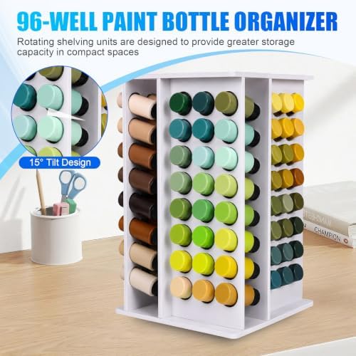 96 Holes Rotating Acrylic Paint Holder Organizer, 360° Paint Bottle Storage Rack for 2 oz Craft Paints, Large Capacity Acrylic Paint Organizer, Space Saving Paint Storage Holder