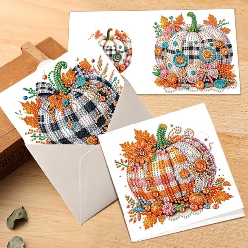 6-Pack Autumn Pumpkin Diamond Art Greeting Cards with Envelopes – DIY 5D Diamond Painting Kits for Adults, Creative Fall Thanksgiving Greeting Card Set, Rhinestone Craft Kits, Handmade Holiday Cards