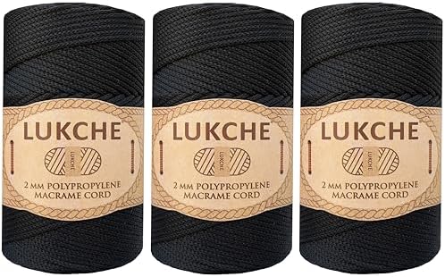 Polyester Macrame Cord 2mm x 251 Yards, 100% Polypropylene Premium Macrame Rope, Colorful Yarn Crochet Macrame Bag Craft for Wall Hangers, Bags, Bottom Plates, Carpets (Black, 3 Skein)