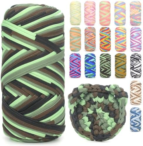 Tshirt Yarn for Crocheting,Rainbow T Shirt Chunky Elastic Fabric Thick T-Shirt Crochet Yarn for Beginners Crocheting Hand Knitting Bag/Basket/Coasters/DIY Crafts/Home Decor 200G-Camo Green