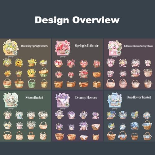 Floral Basket Holographic PET Sticker Set, 72Pcs Vintage Flower Stickers for Scrapbooking, Journaling, Junk Journal Supplies, and DIY Crafts