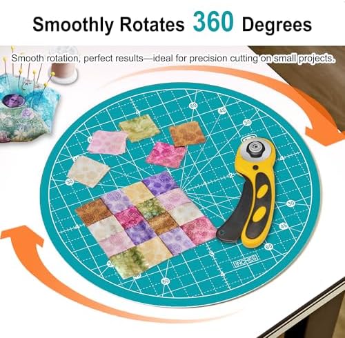 Headley Tools 10"x10" Round Rotating Cutting Mat, Self Healing Mat with 360-Degree Rotation & Anti-Slip Base, Sewing Board Cutting Mat Perfect for Fabric Quilting Leather Hobby Project, Turquoise
