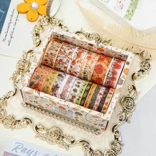 18 Rolls Seasons Flowers Washi Tape Set Floral Arts Adhesive Tapes Blooming Garden Decorative Masking Tape Sets for Craft, Kids, Scrapbook, DIY, Gift Wrapping (Autumn)