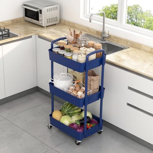 Sywhitta 3-Tier Plastic Rolling Utility Cart with Wheels for Storage,Blue