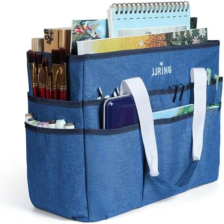 JJRING Craft Organizer Tote Bag Large Art Storage Caddy Blue | With Multiple Pockets For Sewing, Scrapbooking, School, Medical, And Office Supplies