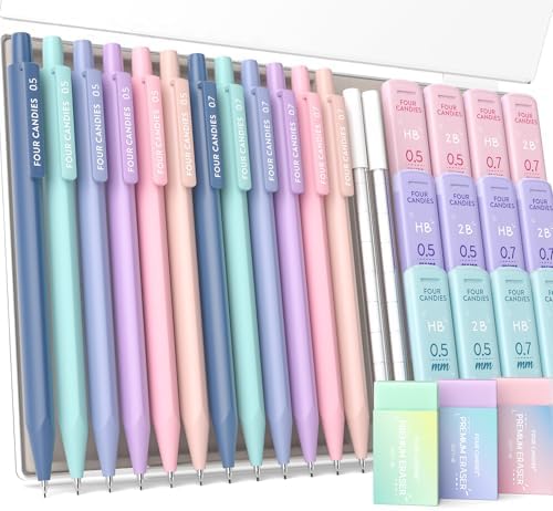 Four Candies Cute Mechanical Pencil Set, 0.5mm & 0.7mm Point, 12-Count Pack