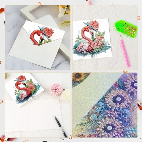 AiYuanzsh 6 Pack Diamond Painting Greeting Card Kits Flamingo Summer Designs, DIY 5D Diamond Art Greeting Cards with Envelopes for Birthday, Thanksgiving, Holiday Wishes and Handmade Gifts