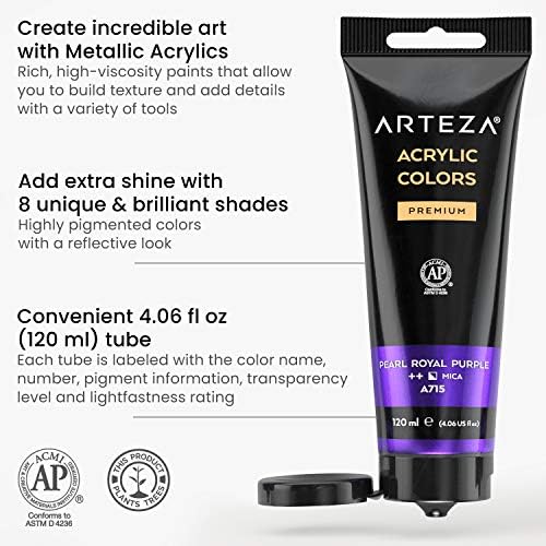 ARTEZA Metallic Acrylic Paint Set, 8 Vibrant Colors, 4.06 oz High-Viscosity