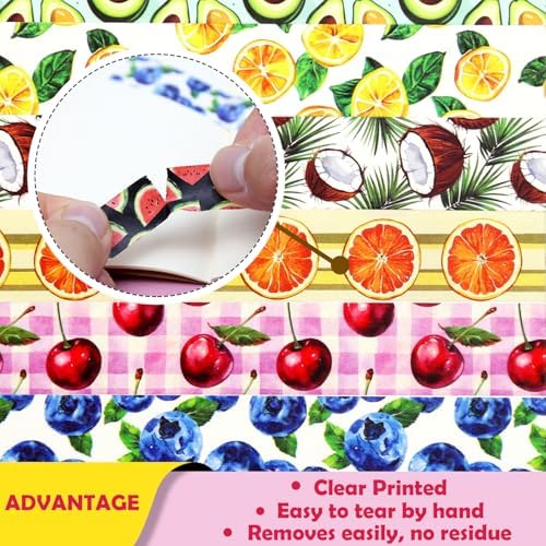 12 Rolls Fruit Themed Washi Tape Set, Colorful Floral Plants Decorative Tape Tropical Fruits Masking Tape for Journaling Supplies, Junk Journal, Scrapbooking, DIY Arts & Crafts,Gift Wrapping