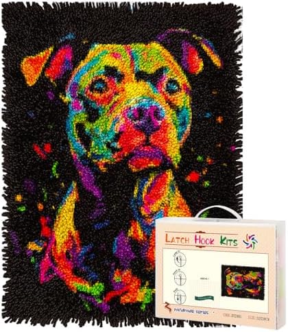 Latch Hook Rug Kit Colorful Pitbull Dog Pre-Printed Handmade Carpet Crochet Yarn Craft DIY Hook and Latch Door Mat Tapestry for Home Floor Decoration 52x38cm-2