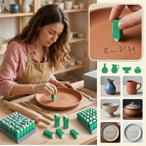 Alphabet Stamp Set for Clay Pottery, 74-Piece Kit, Green