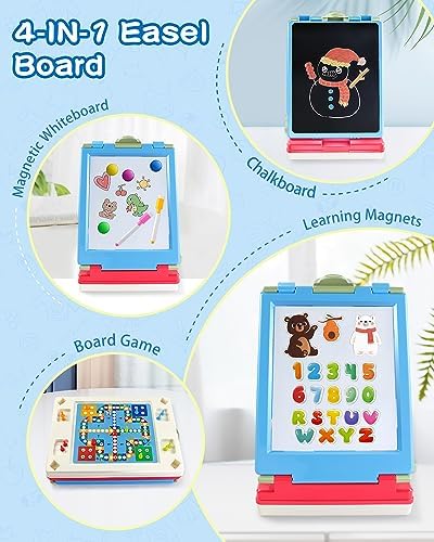 Elovien Easel for Kids, 4 in 1 Double Sided Art Easel with Chalkboard & Magnetic Whiteboard, Foldable Kids Tabletop Easel with Drawing & Writing Accessories - Gift for Boys and Girls (Blue)