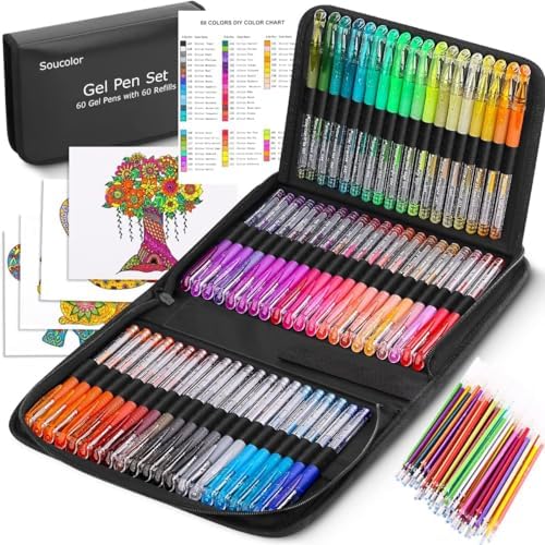 Soucolor 120 Pack Gel Pen 60 Glitter & 60 Refillss for Adult Coloring Books