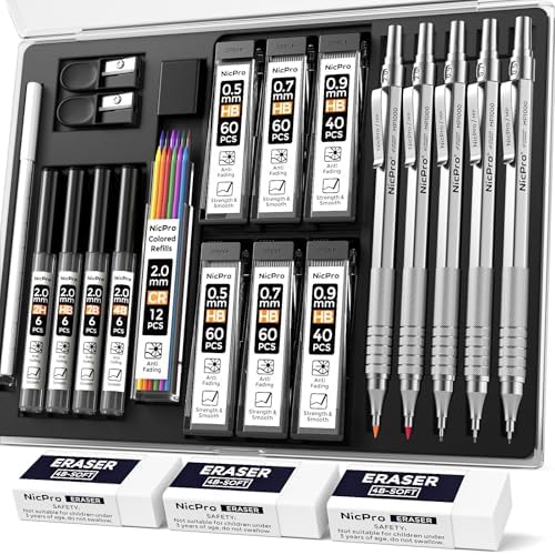 Nicpro 22PCS Metal Mechanical Pencil Set in Case for Drawing Writing