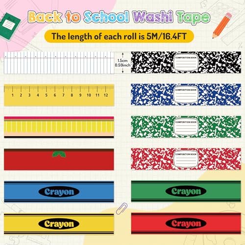 12Rolls Back School Composition Ruler Crayon Decorative Washi Tape