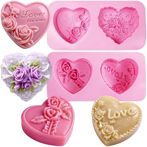 Silicone Heart Molds, 4 Types 3D Heart Shaped Soap Molds Love Chocolate Molds Silicone Molds for Soap Making Candy Cake Candle Wedding Valentine's Gift