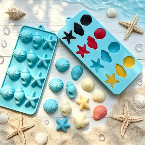 2Pack Marine Ocean Sea Silicone Mold, Seashell Starfish Conch Silicone Chocolate Candy Mold, Beach Silicone Mould for Cake Decoration, DIY Soap, Resin Craft, Ocean Mermaid Theme Party
