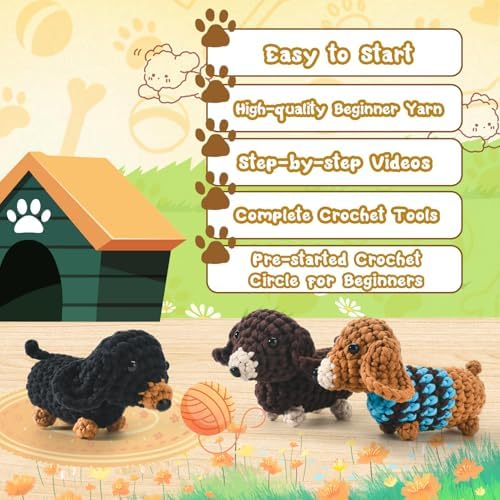 Zummipals Crochet Kit for Beginners, Easy Crochet Kit for Adults w Step-by-Step Vid Tutorials, Beginner Knitting Kit, Makes Crochet Animals Dachshund Crochet Kits, Ideal Crochet Gifts (30% EX Yarn)
