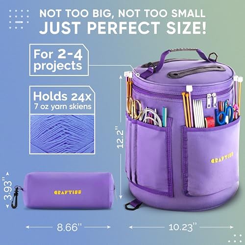 CRAFTISS Crochet Bag Organizer & Yarn Storage Bag, Knitting Bag and Yarn Holder with Removable Divider, Holds Skeins, Hooks, Needles & Accessories, Crochet Gifts for Women (Purple)