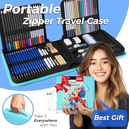 106 Pack Drawing Set Sketching Kit, Pro Art Supplies Sketch Pencils Set
