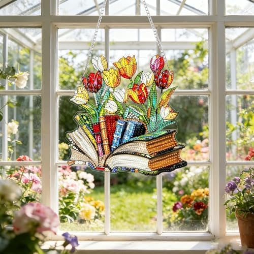 CRZMODE Tulip Diamond Art Hanging Kit for Adults, Book Pendant Diamonds Painting Art Kit, Special Crystal Diamond Art Painting Pendant Ornament, Craft Gift for Women Home Window Decor